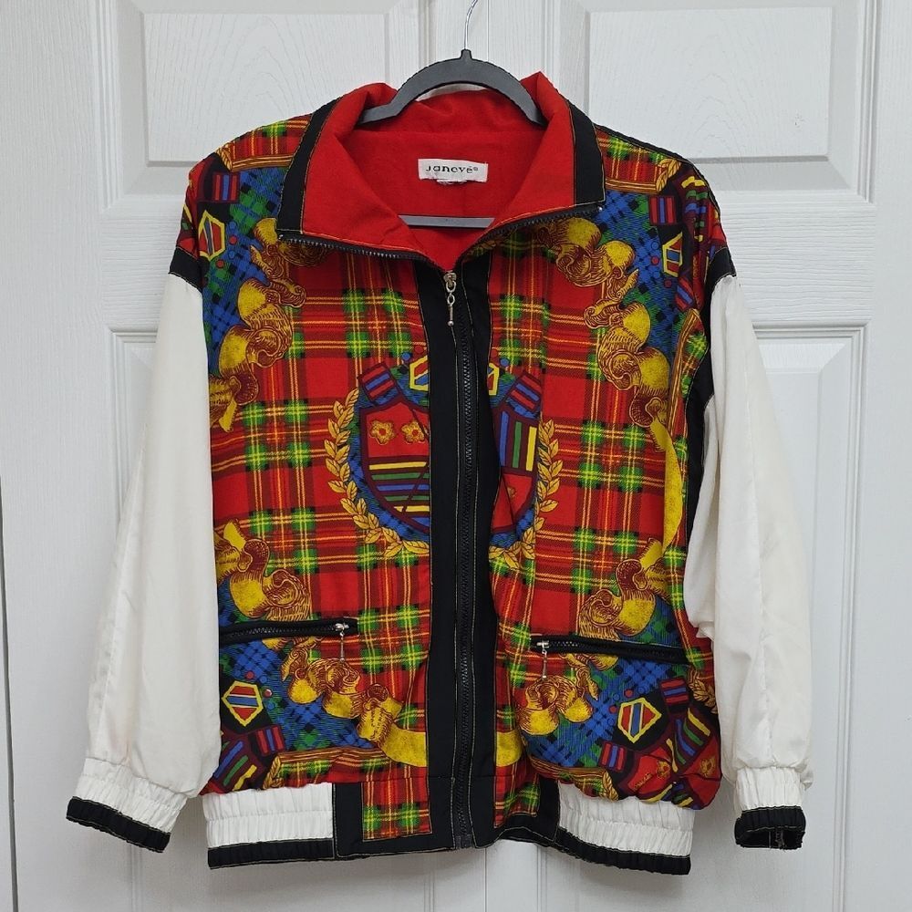 Janeve Vintage 90s Plaid Jacket with Crest Design